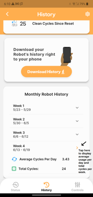 HISTORY Report & usage shown per week.