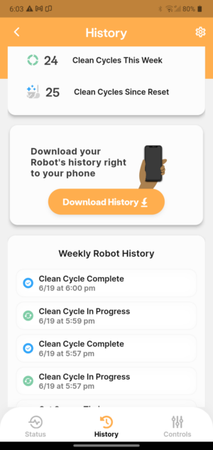 HISTORY download report & Robot's Activity