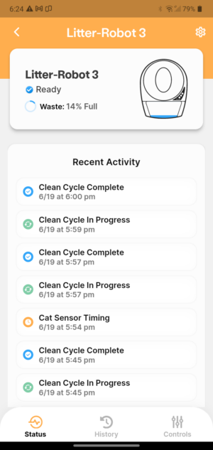 STATUS Litter Robot Connect Status and list of activity