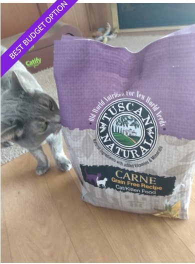 Cat next to a package of Tuscan Carne cat food